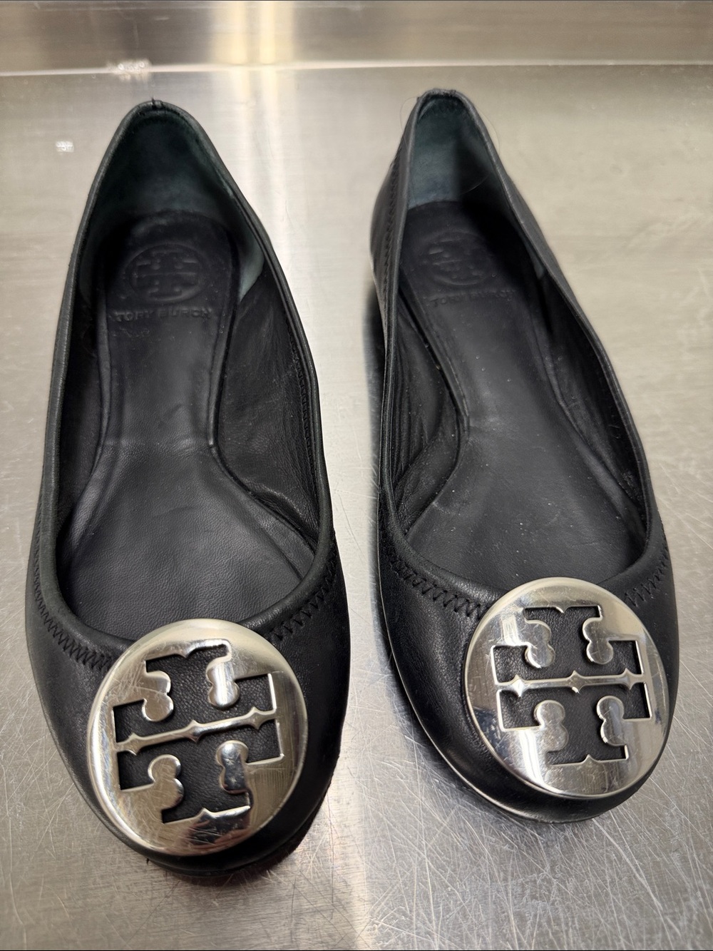 Tory Burch Black Leather Logo Ballet Flats